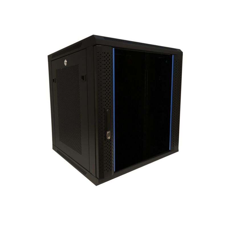 12U väggskåp med glasdörr - perforerade sidopaneler 600x600x635mm (BxDxH)